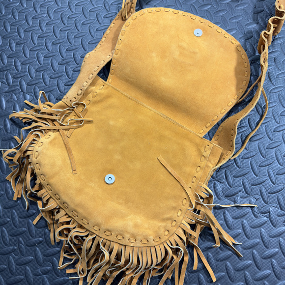 Telfer Women's Mustard Suede Fringe Zipper Pocket Boho Snap Crossbody Handbag - Picture 4 of 8